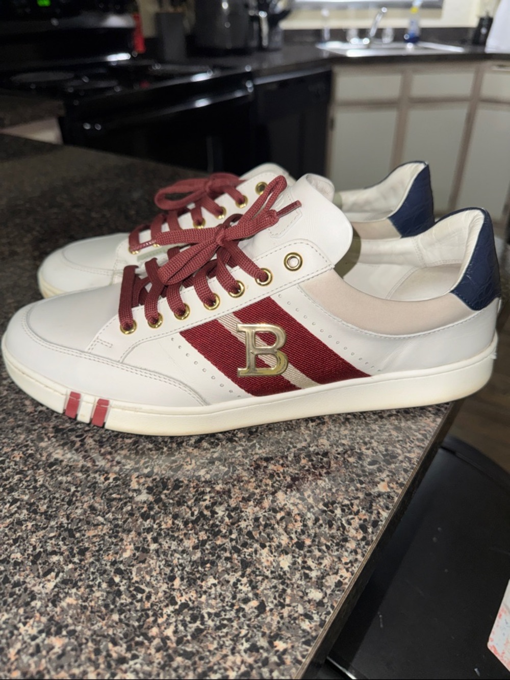 Bally White Leather Sneakers with Red Stripe and Navy Heel